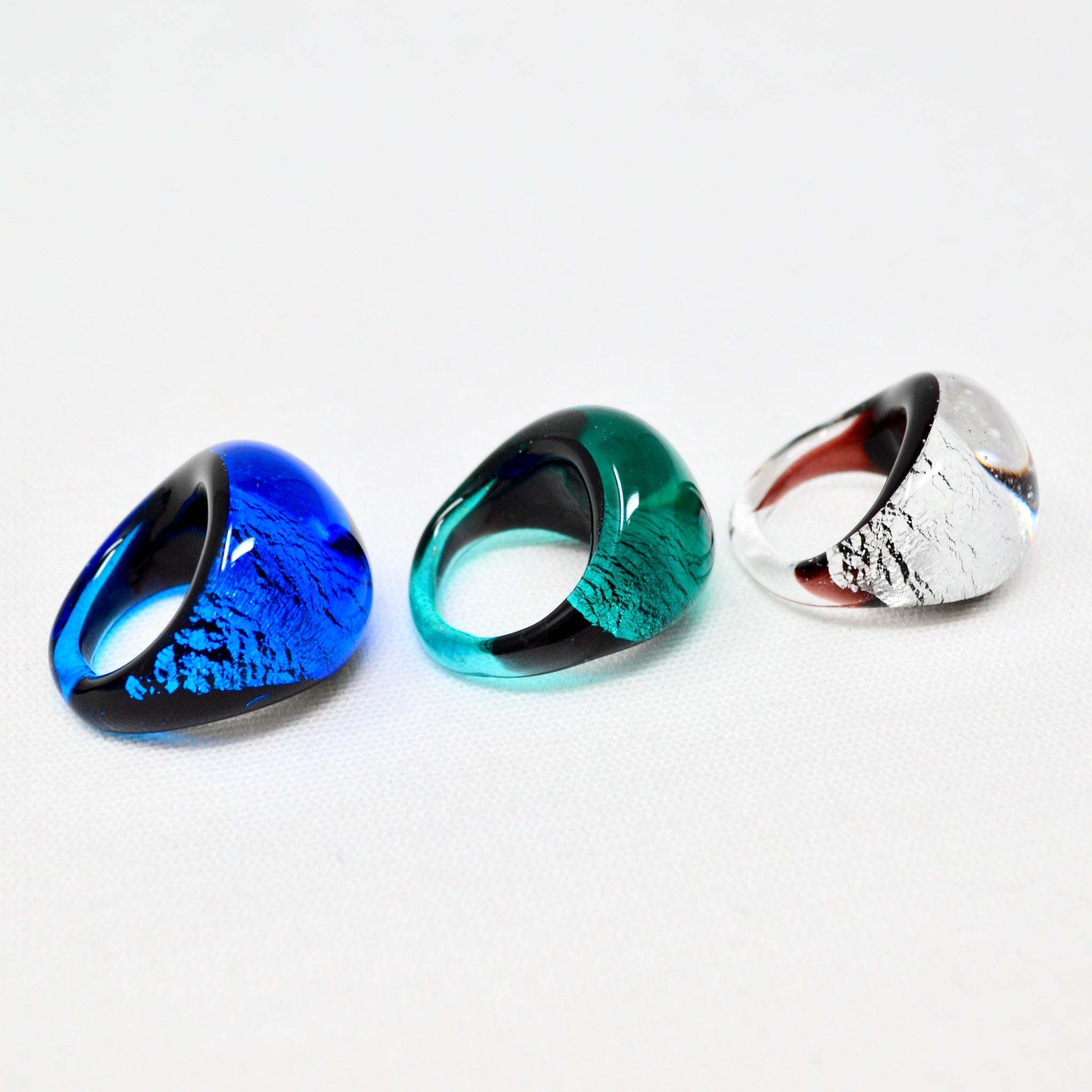 Murano Glass Arno Statement Ring in cobalt, teal, and silver, crafted in Italy with colorful, handcrafted glass accents.