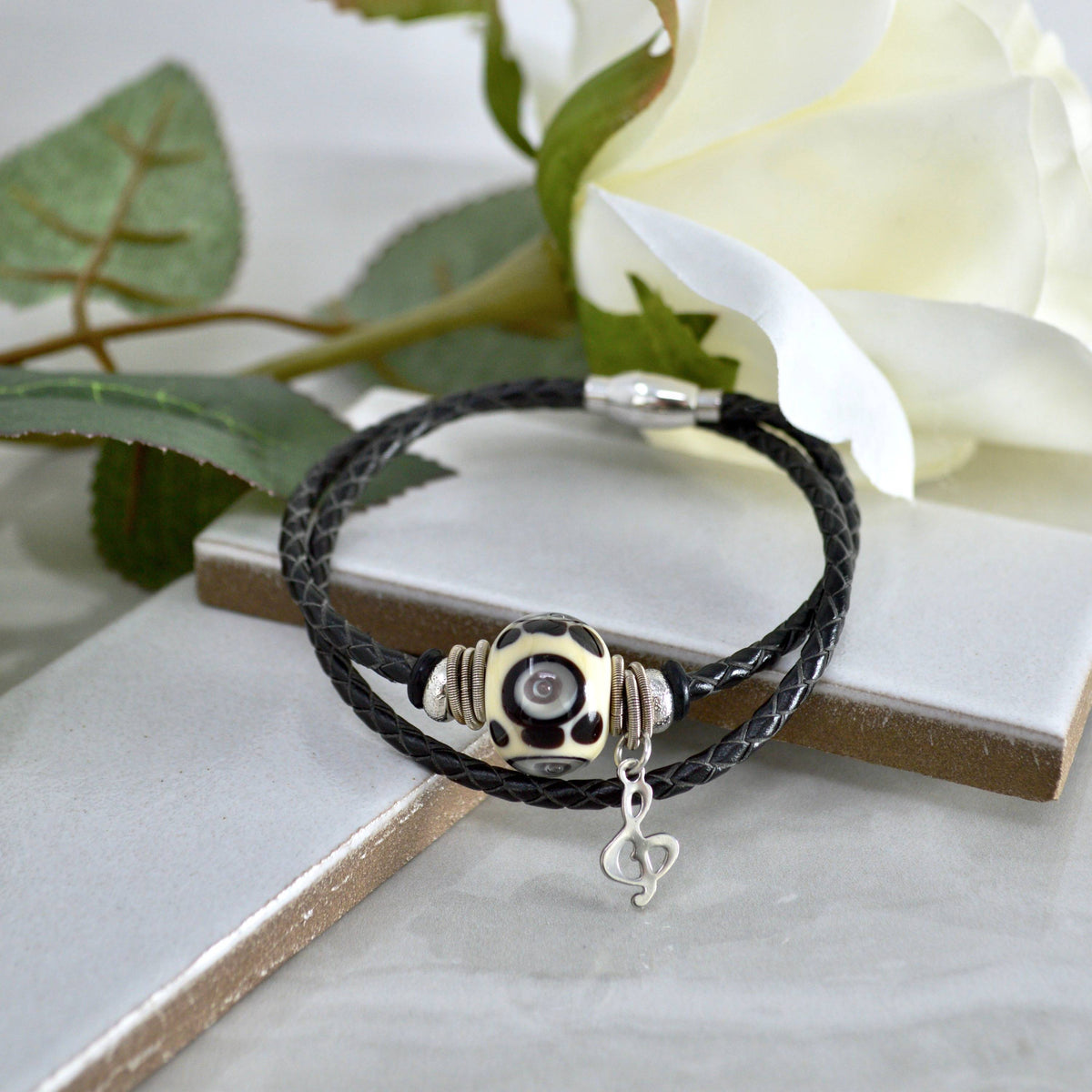 Murano Glass Bead Bracelet With Charm, Leather Band, Made In Italy - My Italian Decor