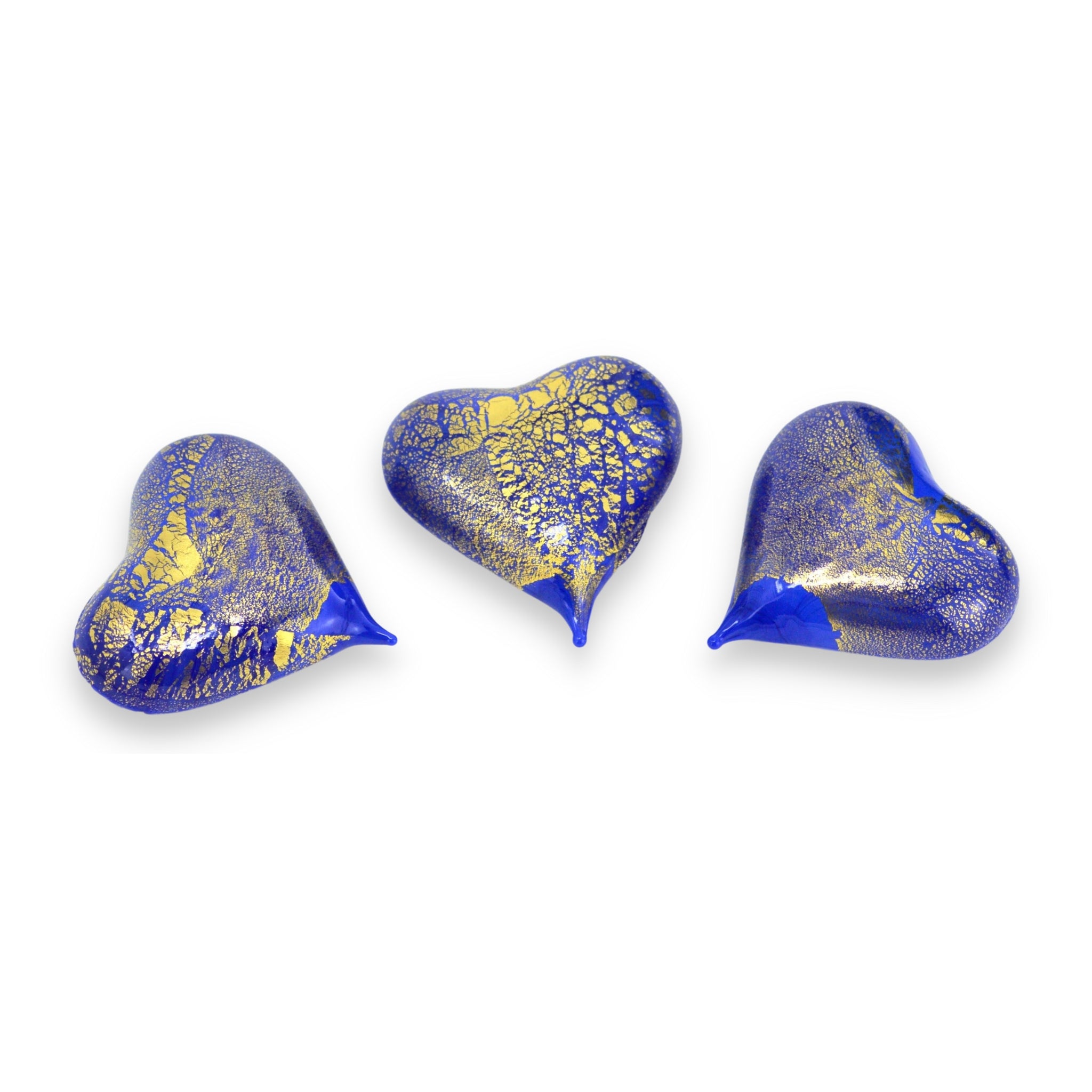 Set of three small Murano glass hearts in cobalt opaque, handcrafted Italian figurines with vibrant color choices.