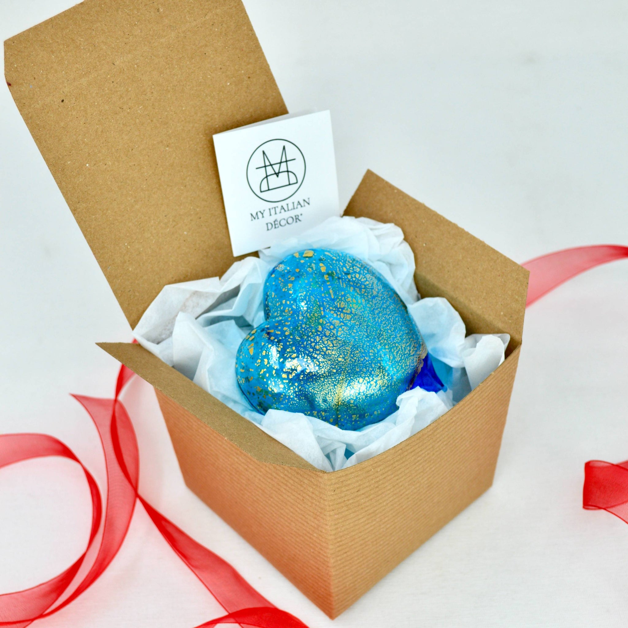 Turquoise Murano glass heart figurine with 24 karat gold accents in a box, crafted in Italy by MyItalianDecor.
