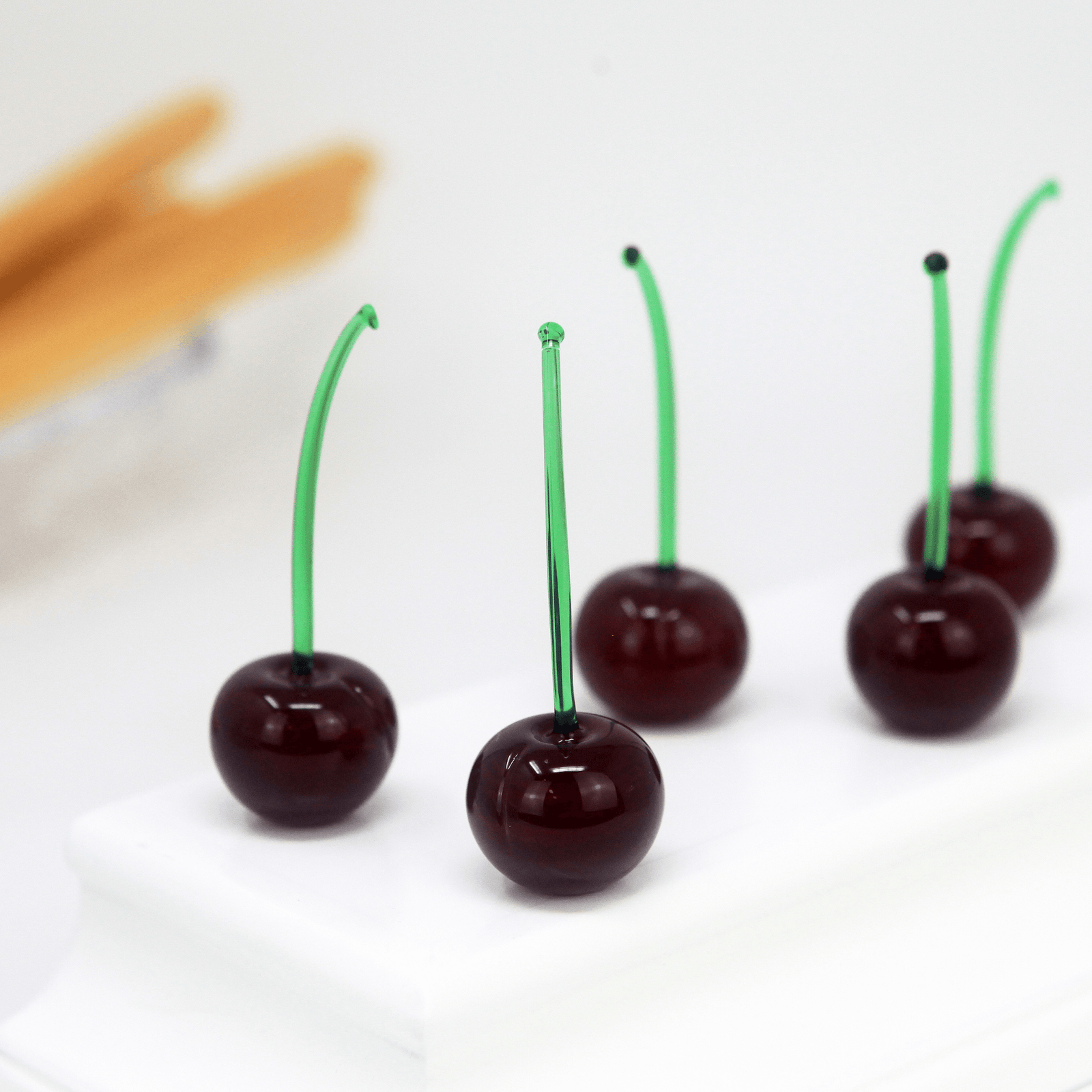 Set of three or five handmade Murano glass cherries with green stems, artificial decorative flora from MyItalianDecor.