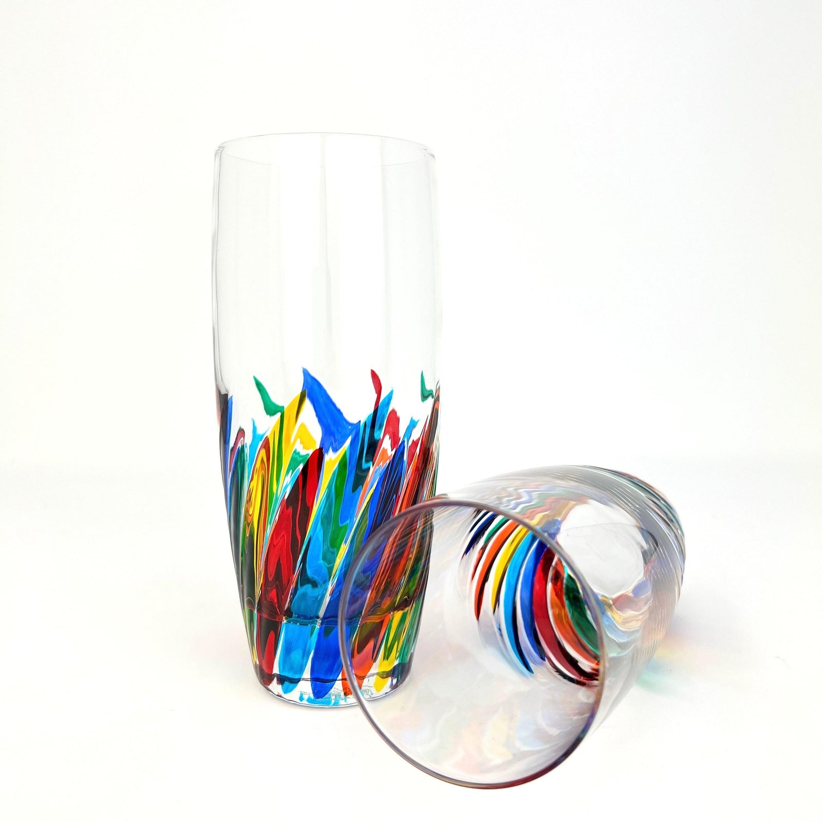 Set of two DZ Enchanted Tall Drinking Tumblers made from hand-painted Italian Murano crystal with intricate designs.
