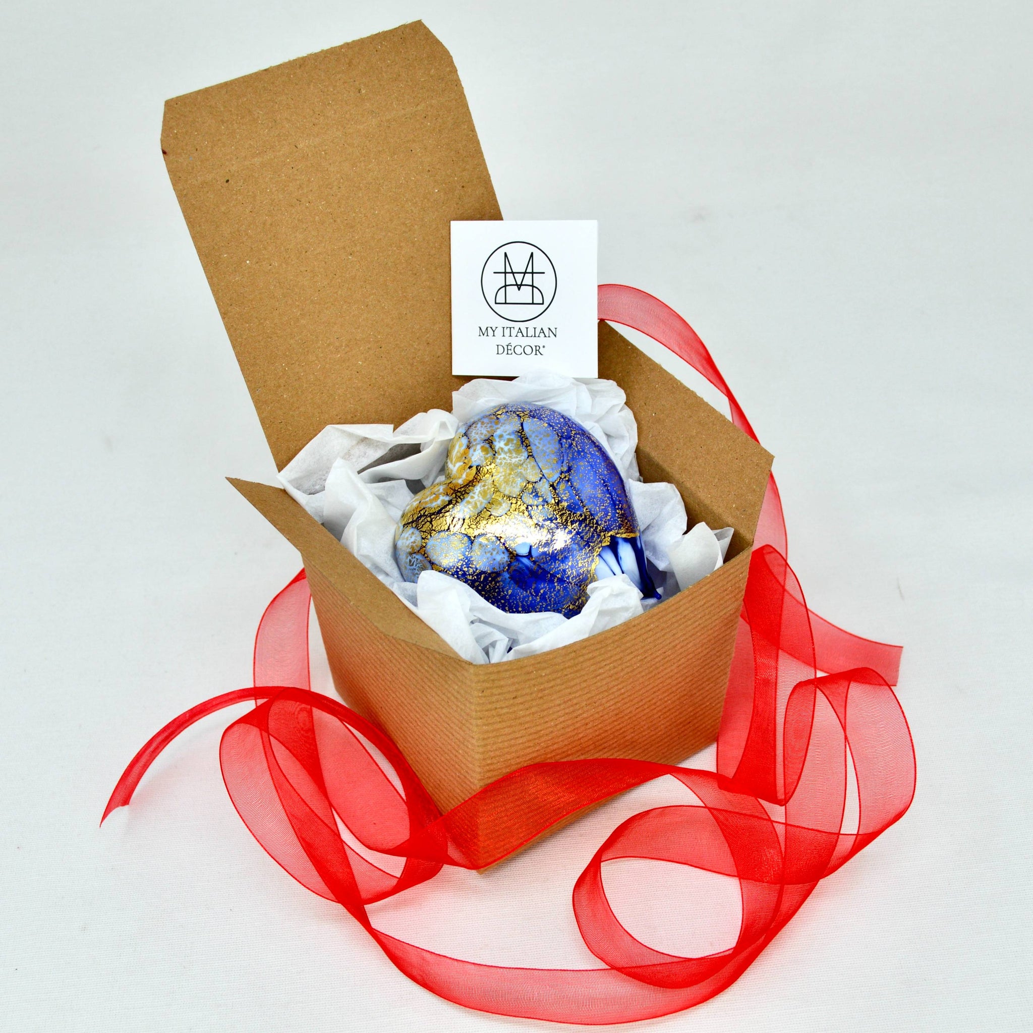Cobalt Murano blown glass heart figurine with macchia pattern and 24 kt gold patina, handcrafted by MyItalianDecor.