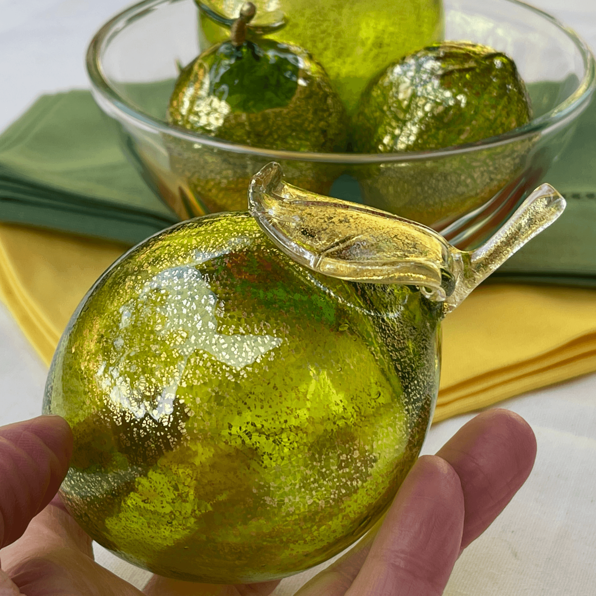 Life-size Murano Glass Lime, blown Italian art glass fruit, realistic artificial flora by MyItalianDecor, hand-crafted and colorful.