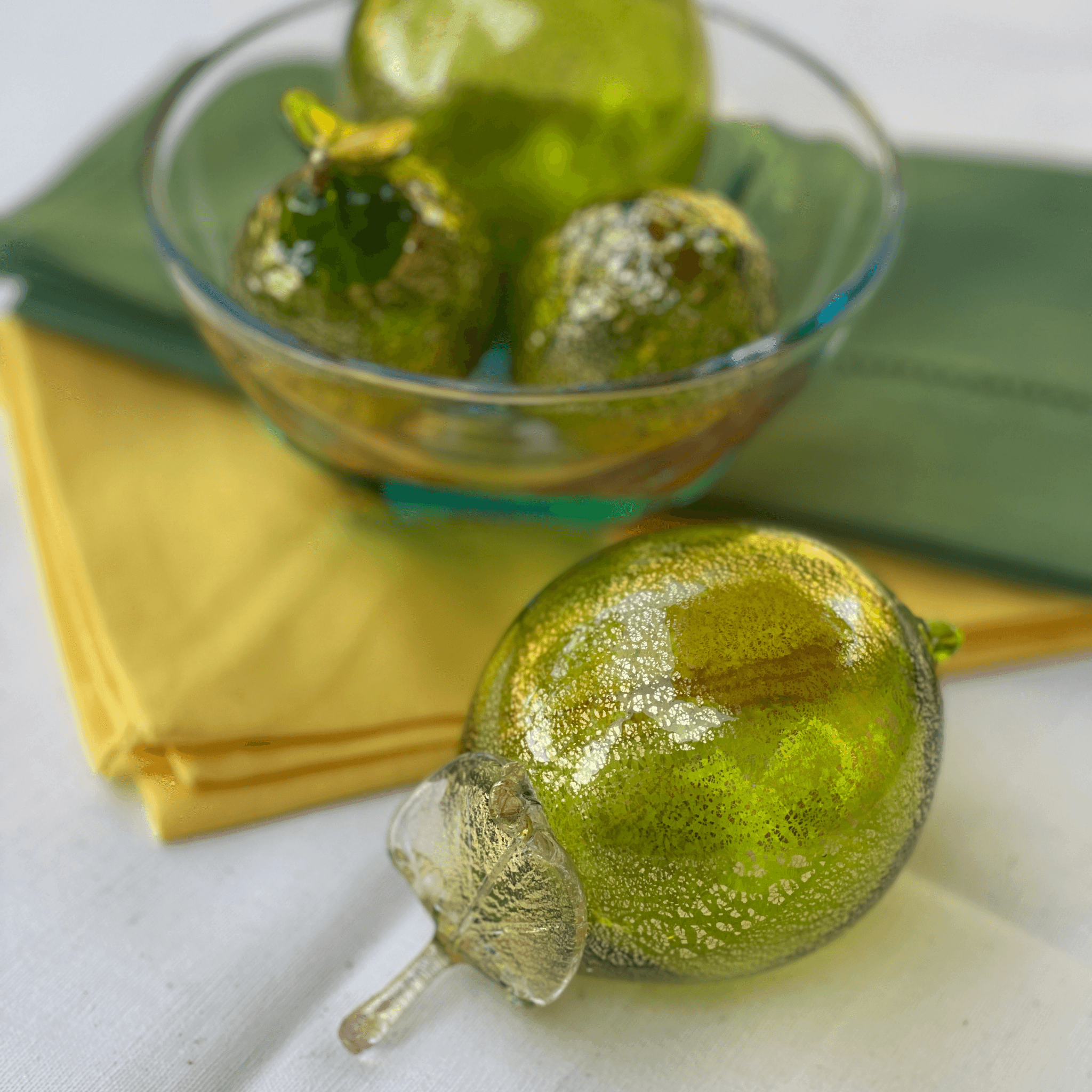 Life-size Murano glass limes in a bowl, handcrafted blown Italian fruit decor by MyItalianDecor.