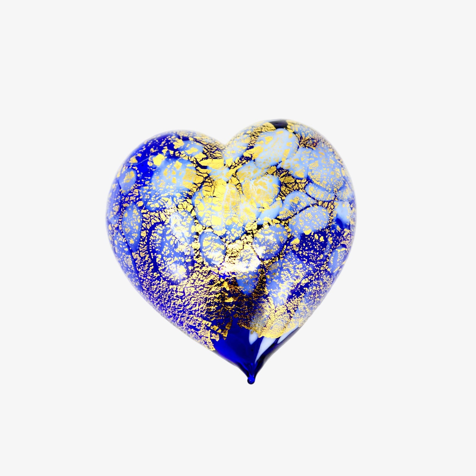 Murano blown glass heart figurine with macchia design, accented with 24 kt gold patina, surrounded by tulips.