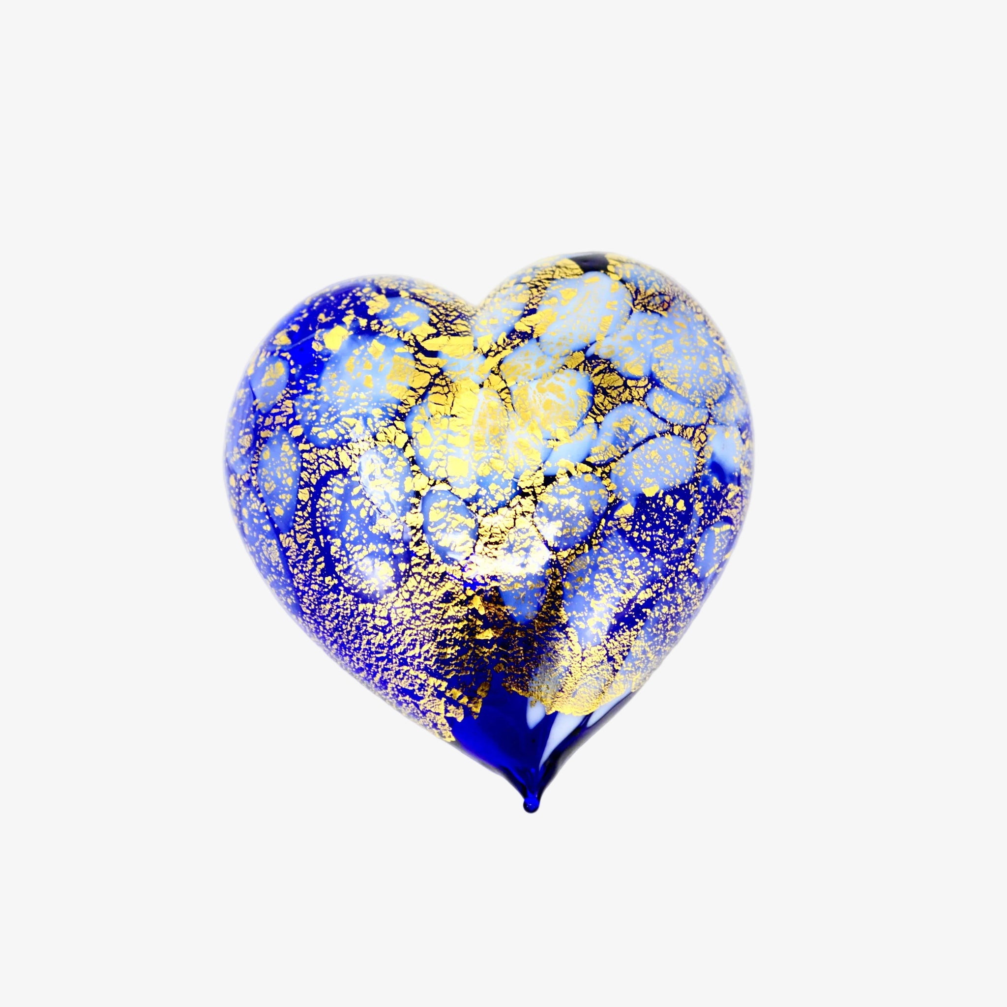 Cobalt Murano blown glass heart figurine with macchia pattern and 24 kt gold patina, handcrafted decorative glass art.