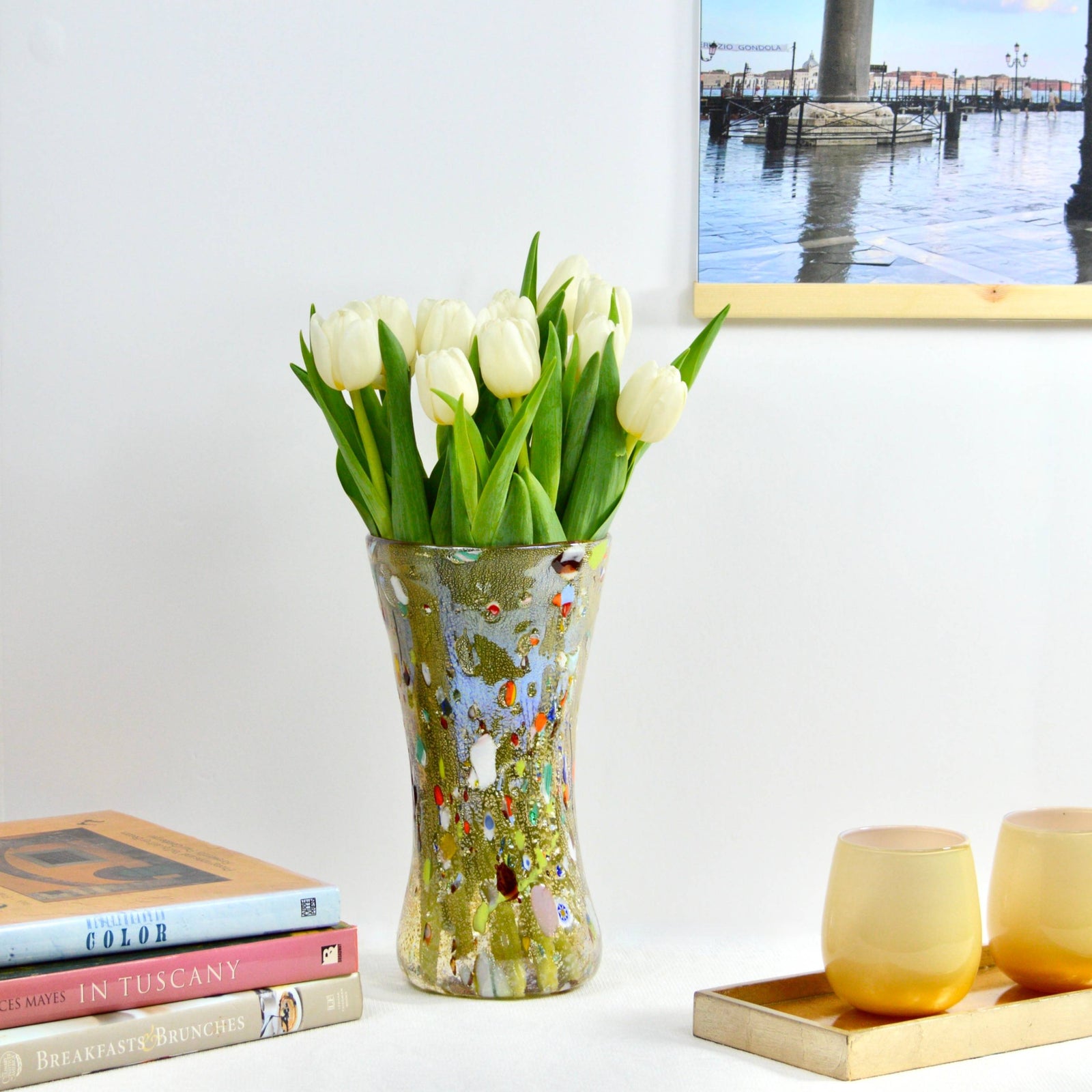 Large Murano Glass Alta Vase in amber with millefiori pattern, made in Italy, showcasing intricate handmade design.