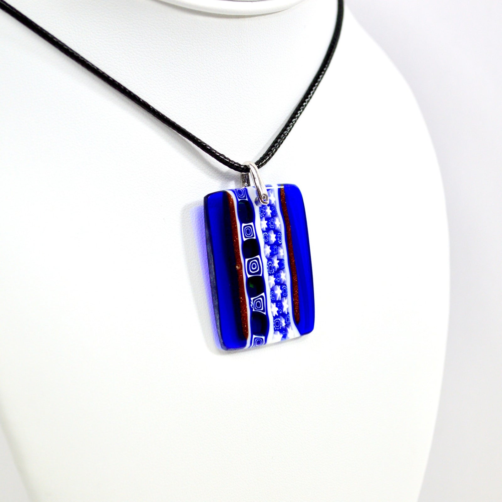 Cobalt Murano Glass Millefiori Mosaic Rectangle Pendant with detailed floral pattern, handcrafted Italian charm and pendant.