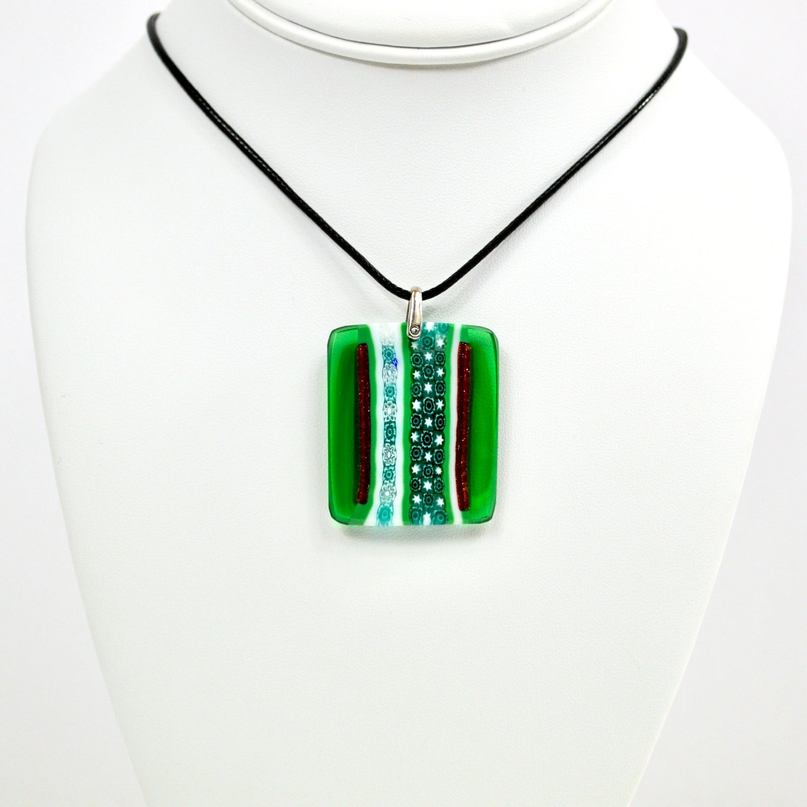 Murano glass Millefiori mosaic rectangle pendant in green and turquoise, handcrafted in Italy, from MyItalianDecor charms and pendants collection.