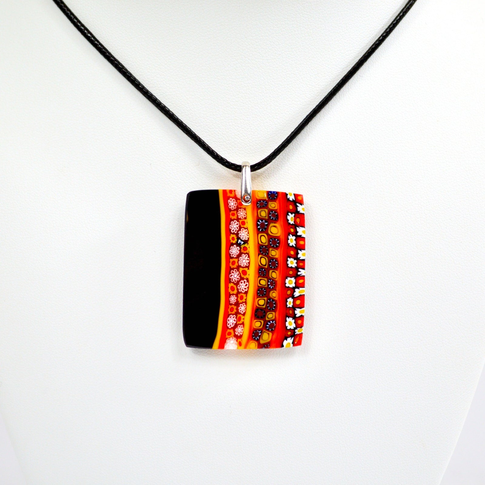 Murano glass Millefiori mosaic rectangle pendant in red, orange, and black, handmade Italian charms and pendants by MyItalianDecor.