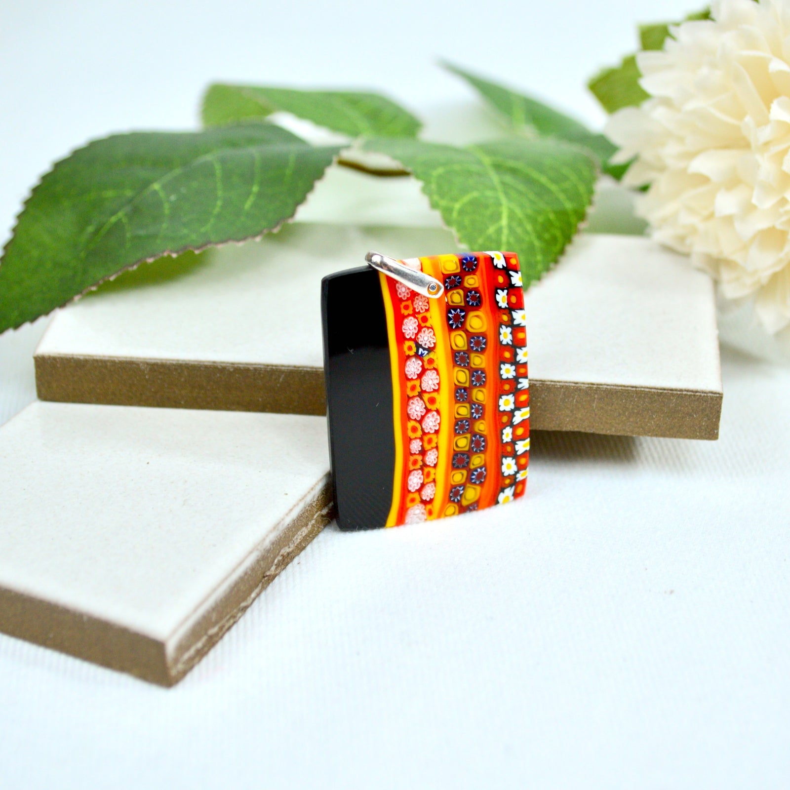 Murano Glass Millefiori Mosaic Rectangle Pendant, Red/Orange/Black, Made in Italy - My Italian Decor