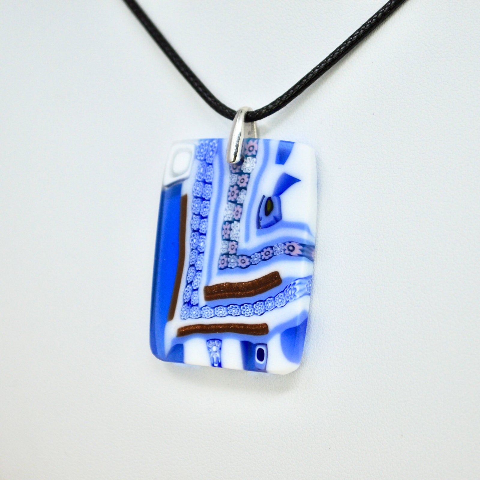 Sky blue Murano glass Millefiori mosaic rectangle pendant, handmade Italian charms and jewelry accessory.