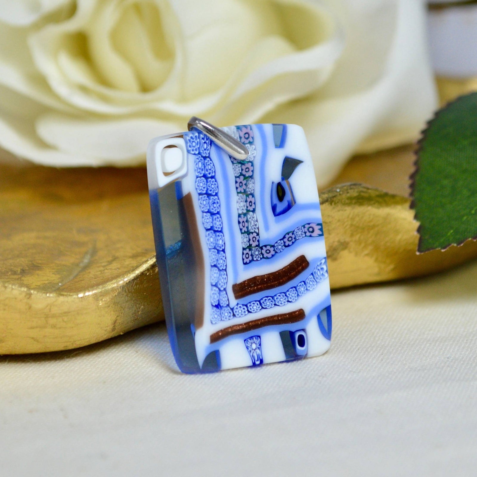 Murano Glass Millefiori Mosaic Rectangle Pendant, Sky Blue, Made in Italy - My Italian Decor