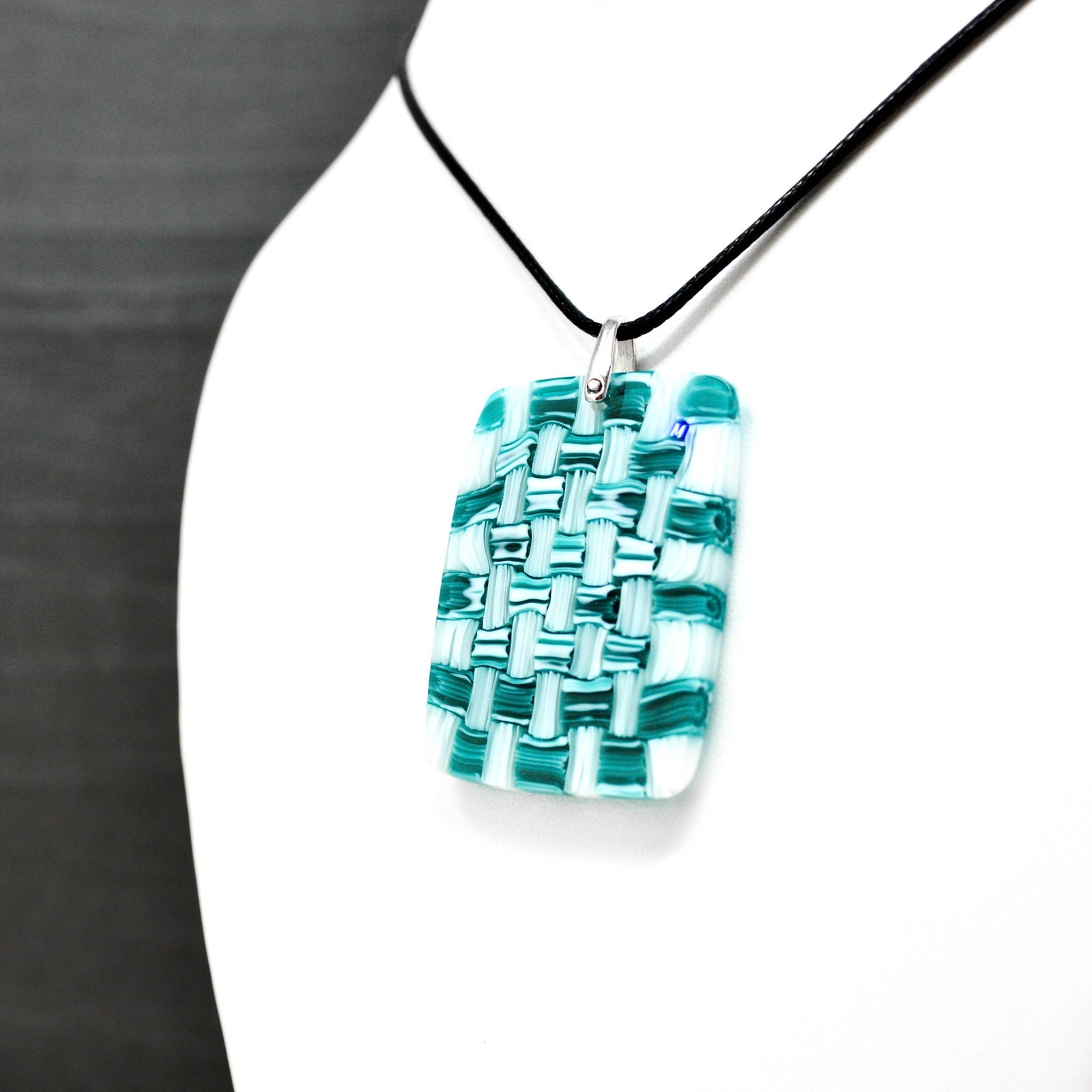 Turquoise Murano glass Millefiori mosaic rectangle pendant for charms and necklaces, handcrafted in Italy by MyItalianDecor.