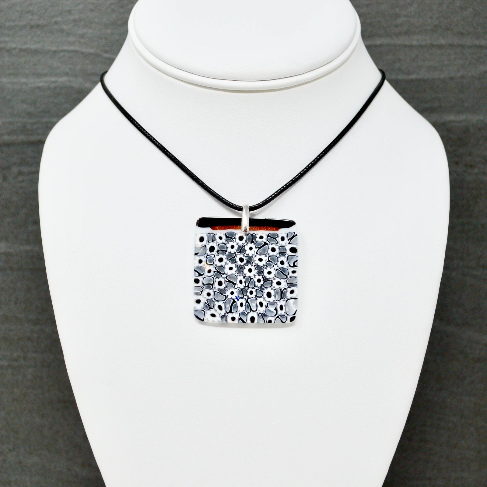 Murano Glass Millefiori Mosaic Square Pendant, Black and White, Made in Italy - My Italian Decor