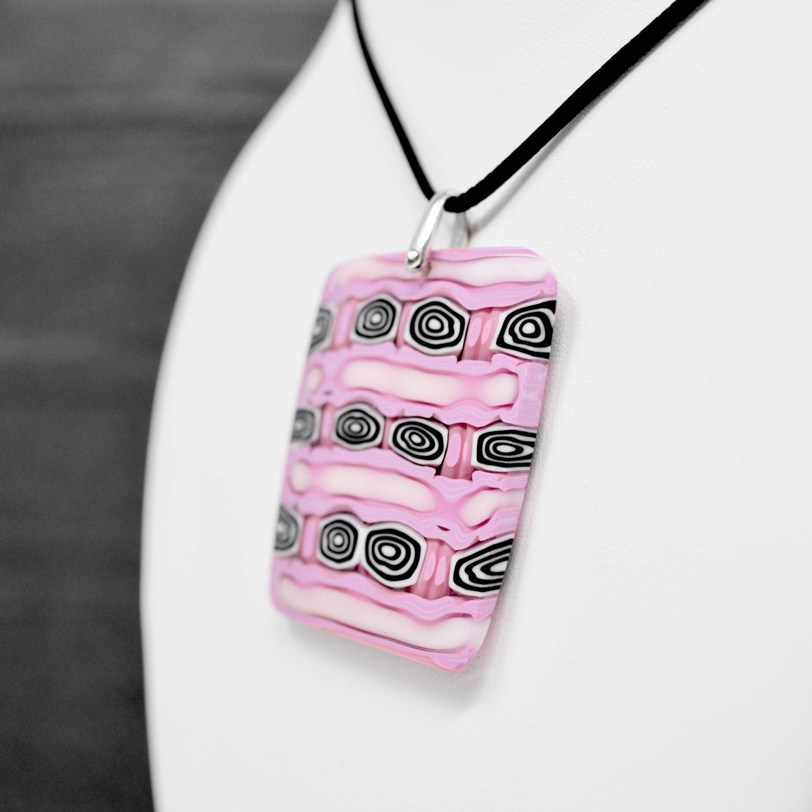 Pink Murano glass Millefiori mosaic square pendant, Italian-made charm with intricate colorful glass patterns.