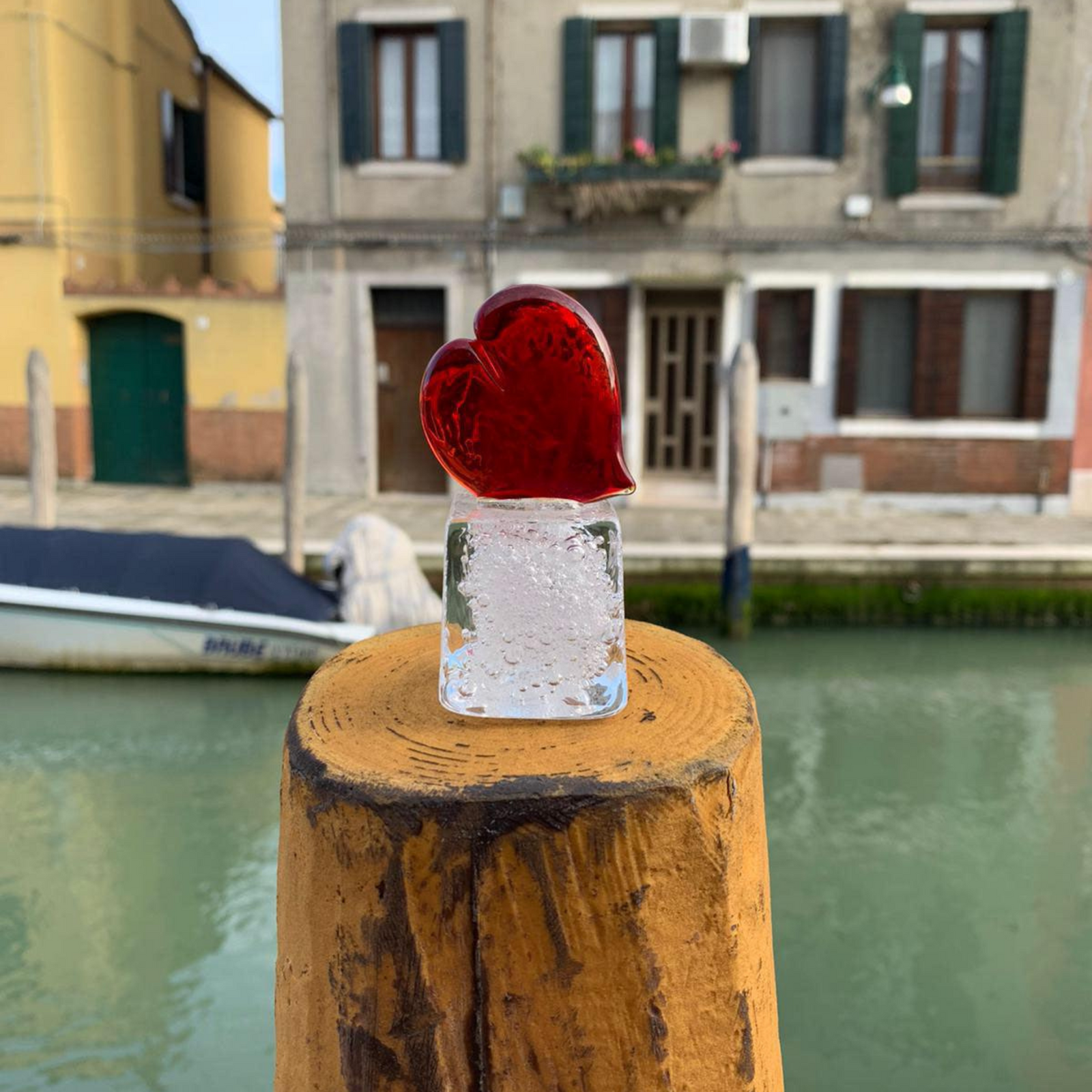 Murano Glass Red Heart Sculpture, Figurine, Paperweight on cube shaped base - My Italian Decor