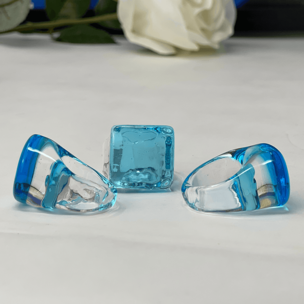 Murano Glass Statement Rings, Sky Blue Glass, Oval, Square or Round at MyItalianDecor