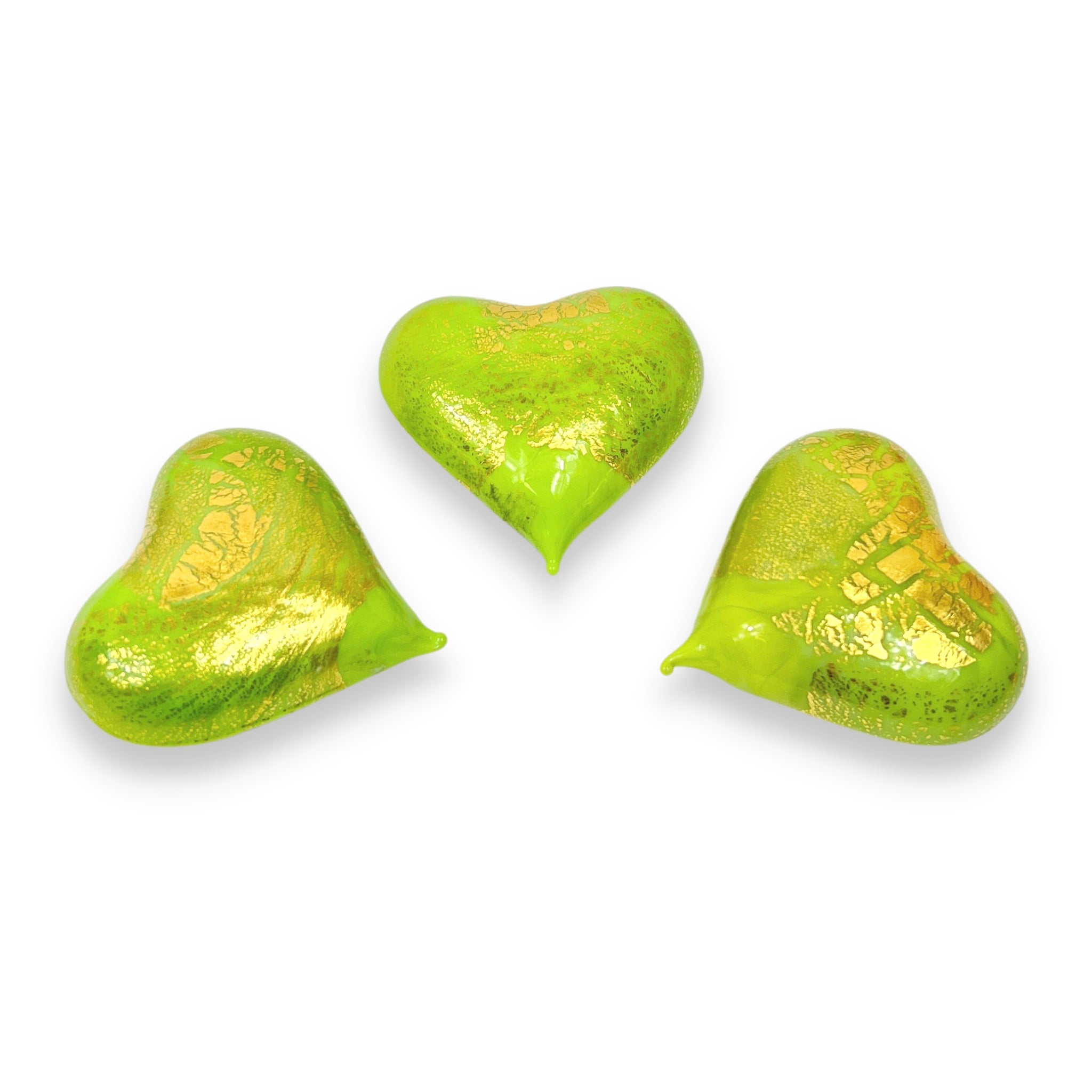 Set of three small Murano glass hearts in green, handcrafted Italian figurines by MyItalianDecor.