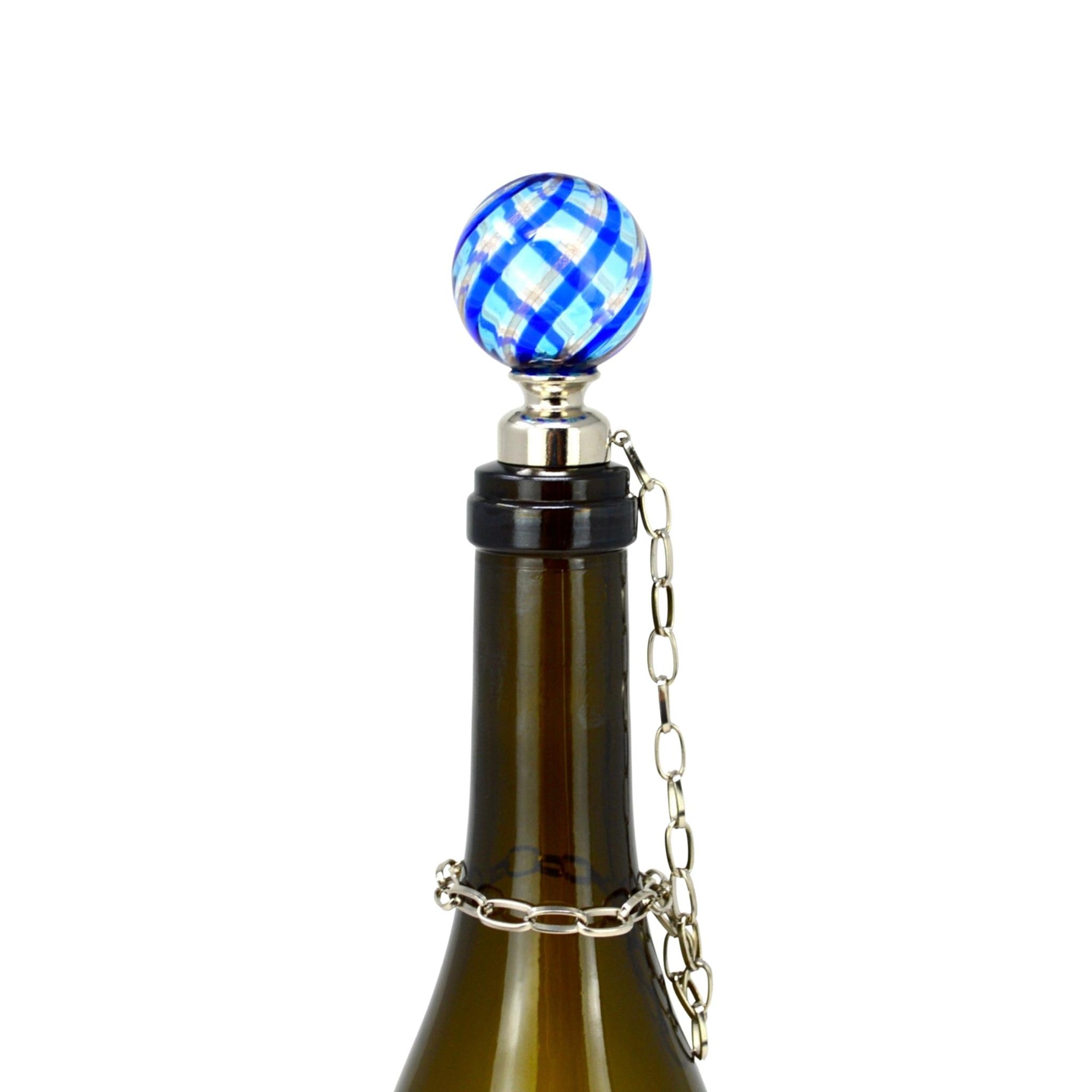 Wine Stoppers with Chain, Handblown Murano Glass, Blue, Made in Italy - My Italian Decor