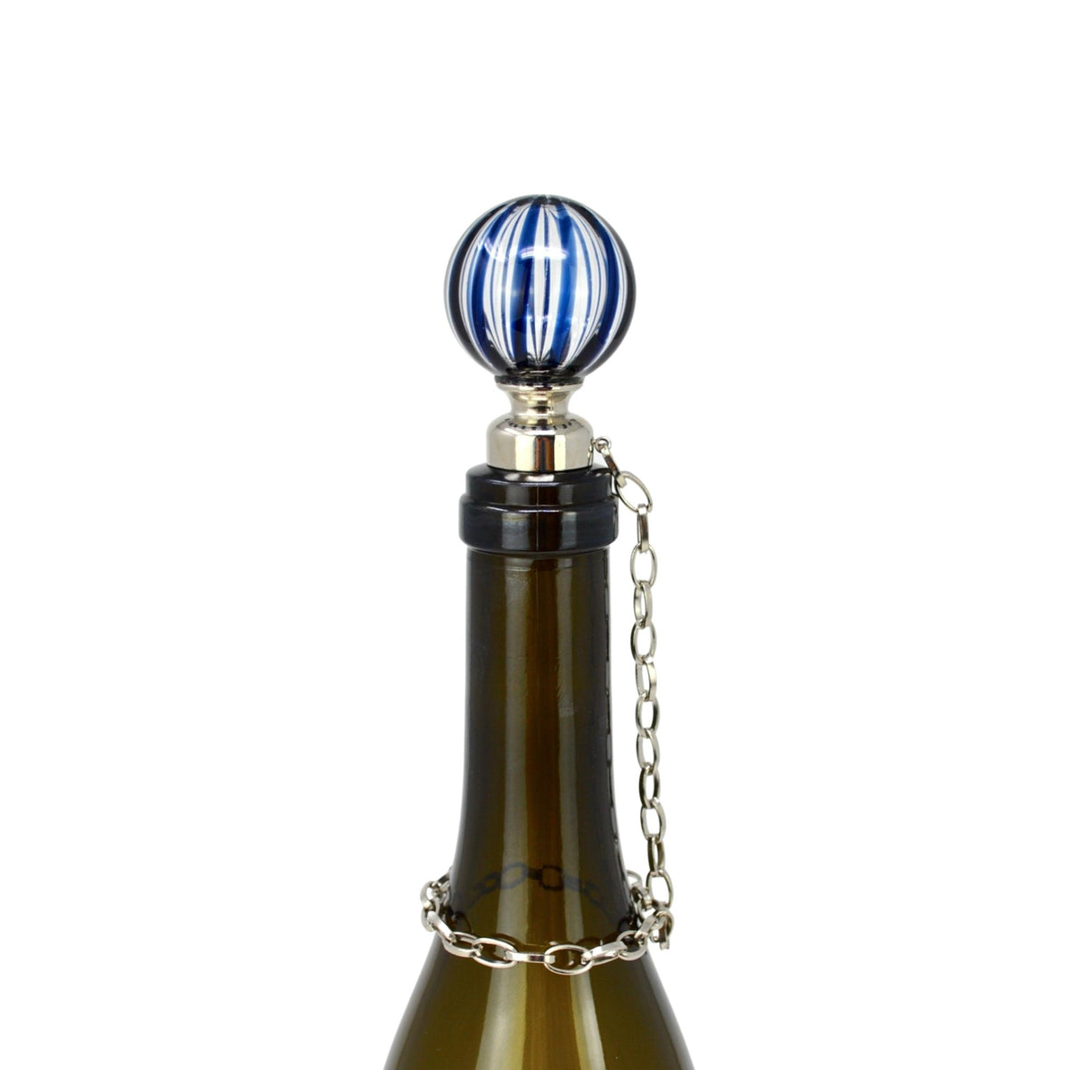 Wine Stoppers with Chain, Handblown Murano Glass, Blue, Made in Italy - My Italian Decor
