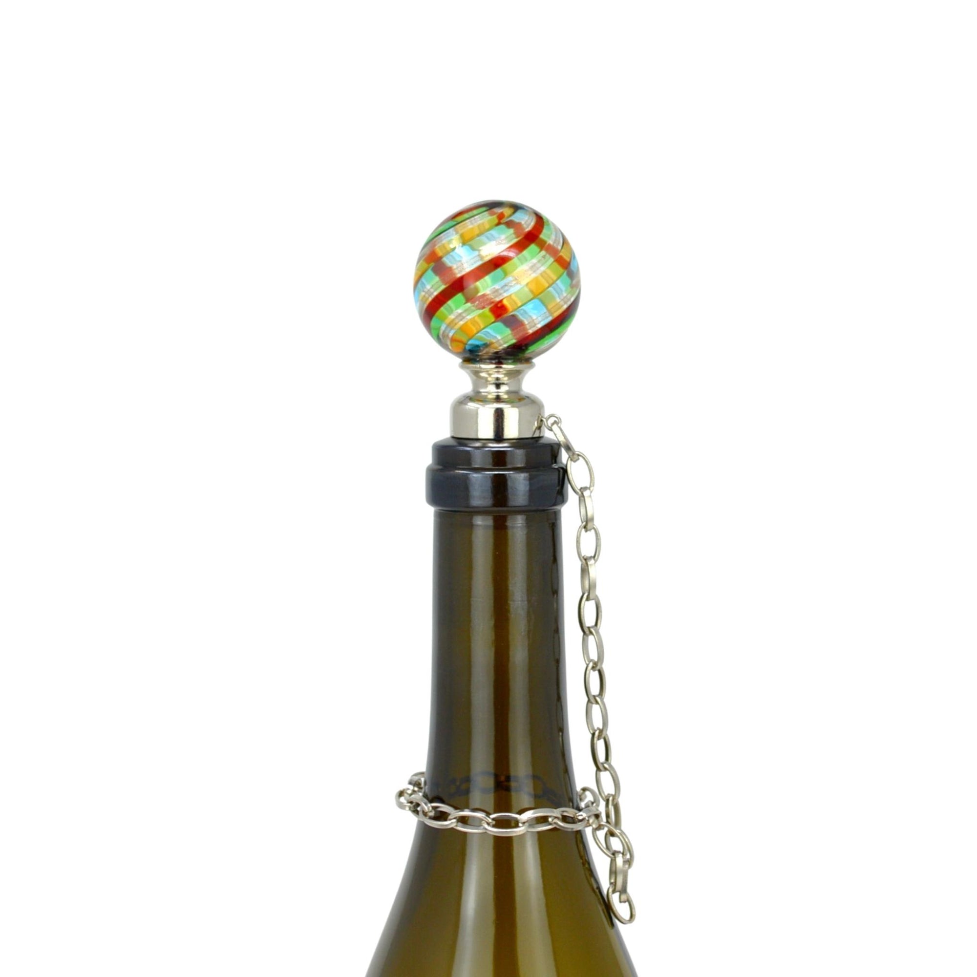 Wine Stoppers with Chain, Handblown Murano Glass, Multicolor, Made in Italy - My Italian Decor