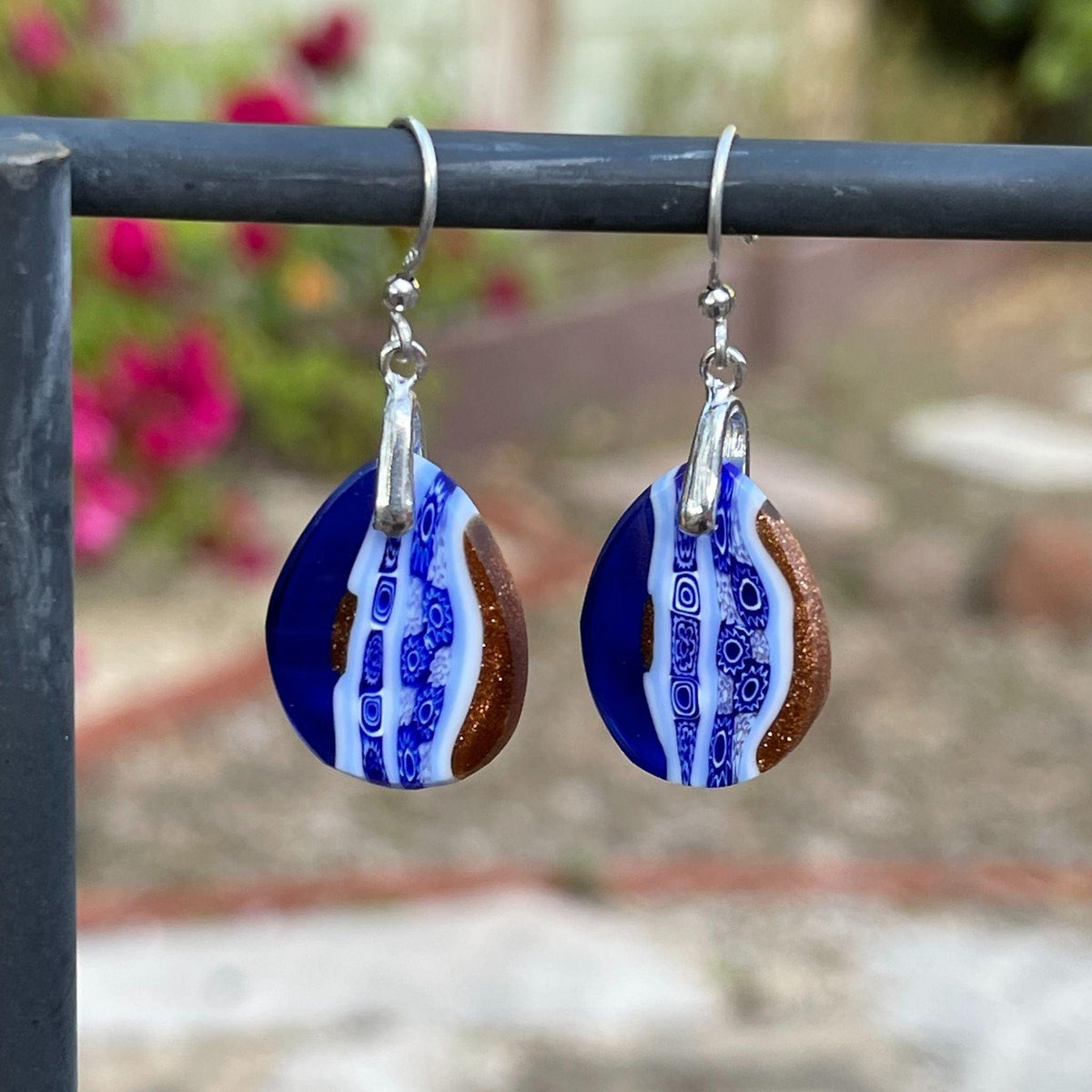 Murano Glass Millefiori Oval Dangle Earrings, Cobalt Blue Murrine Mosaic, Handmade In Murano, Italy at MyItalianDecor