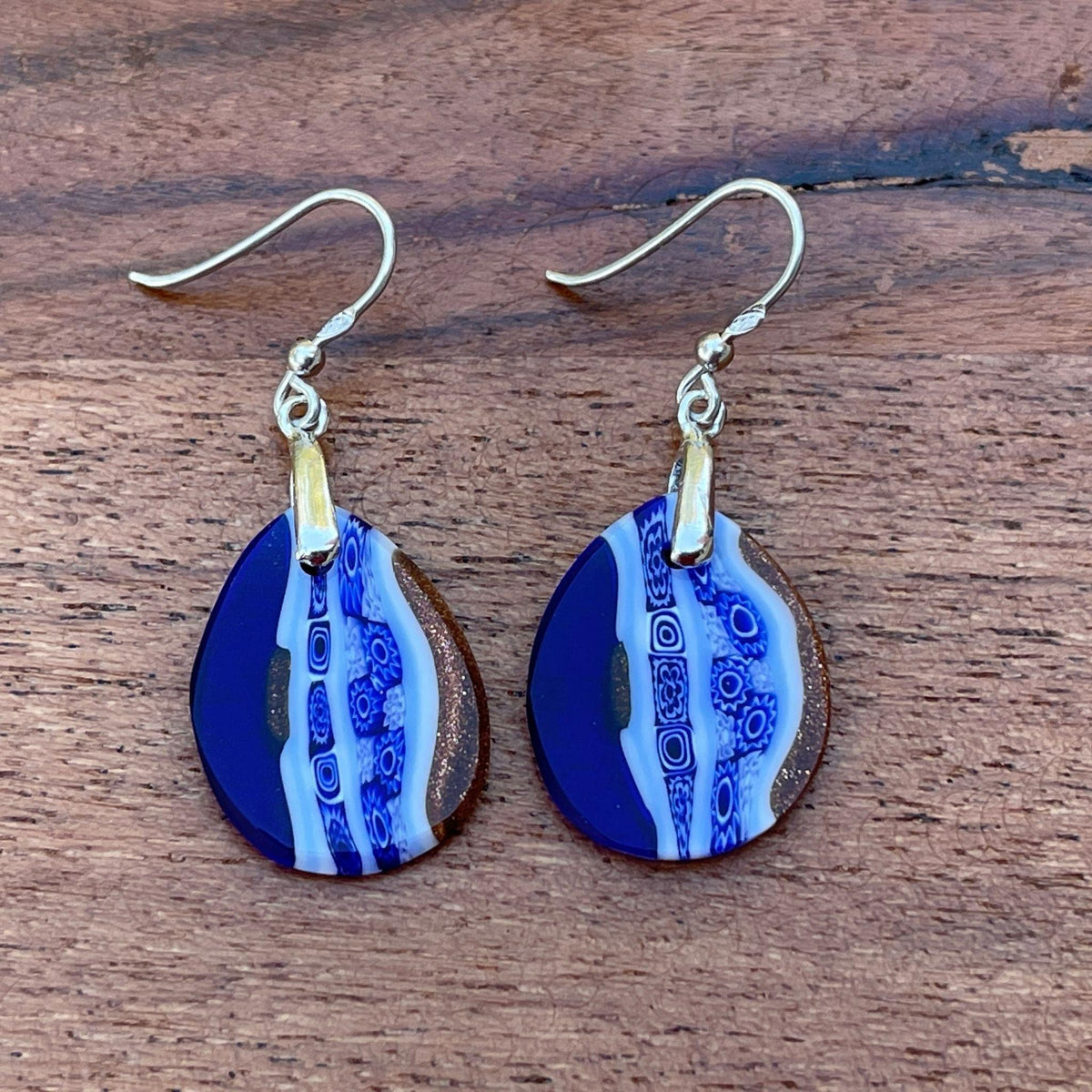 Murano Glass Millefiori Oval Dangle Earrings, Cobalt Blue Murrine Mosaic, Handmade In Murano, Italy at MyItalianDecor