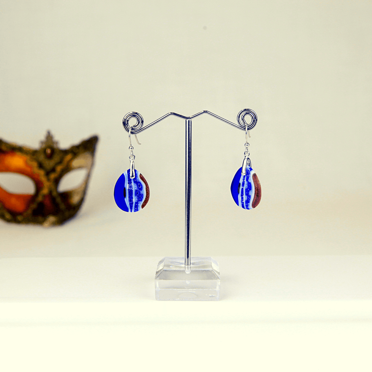 Murano Glass Millefiori Oval Dangle Earrings, Cobalt Blue Murrine Mosaic, Handmade In Murano, Italy at MyItalianDecor