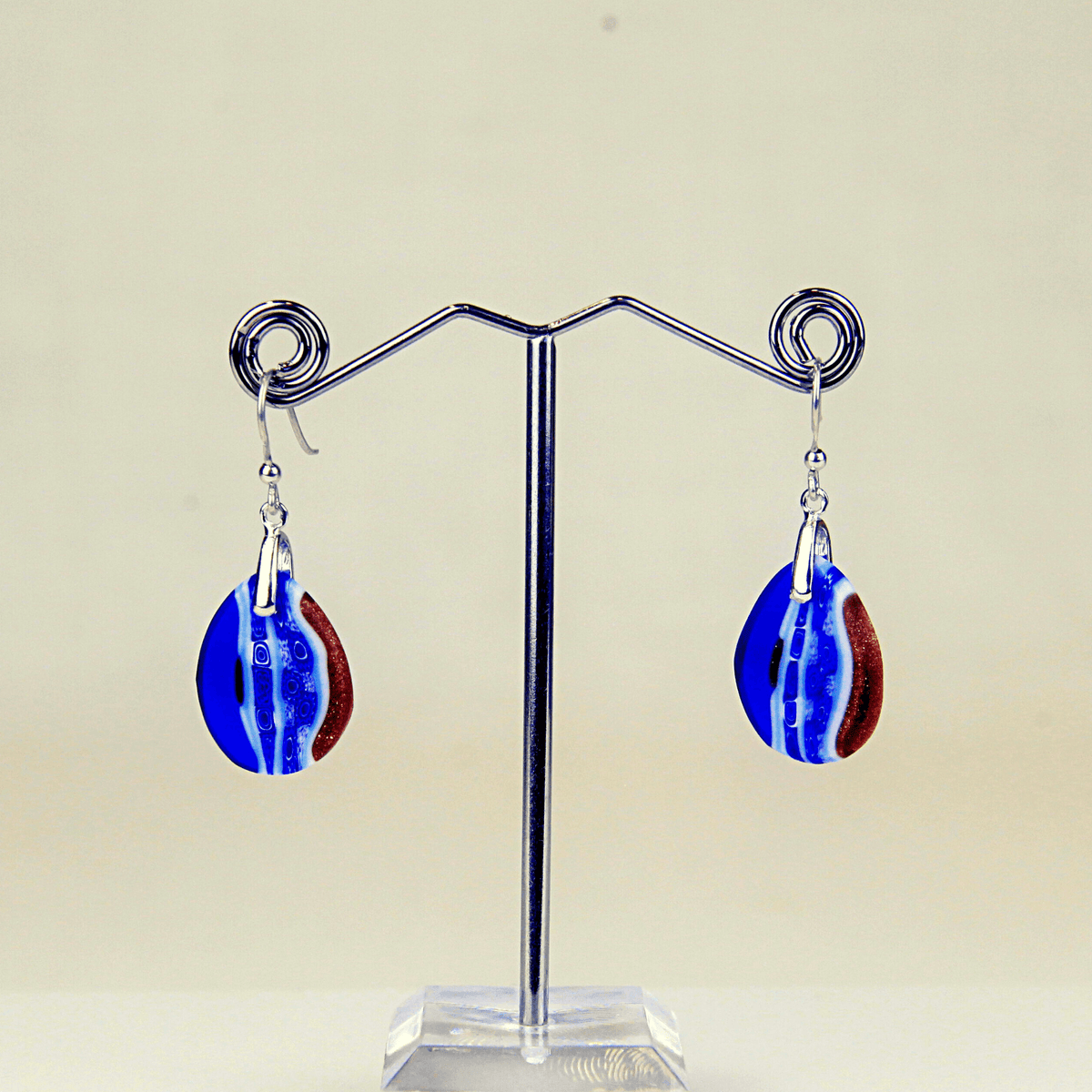 Murano Glass Millefiori Oval Dangle Earrings, Cobalt Blue Murrine Mosaic, Handmade In Murano, Italy at MyItalianDecor