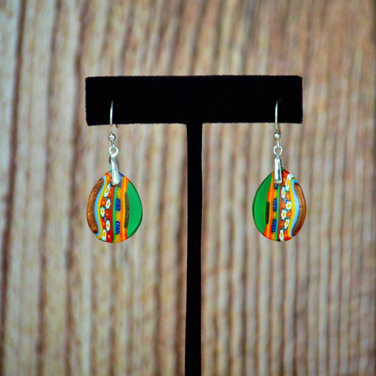 Green Murano glass Millefiori oval dangle earrings featuring Murrine mosaic design, crafted by MyItalianDecor.
