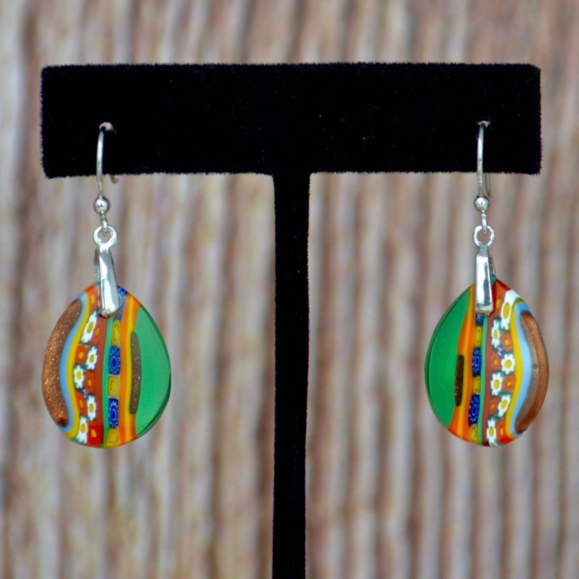 Murano Glass Millefiori Oval Dangle Earrings, Murrine Mosaic, Green - My Italian Decor