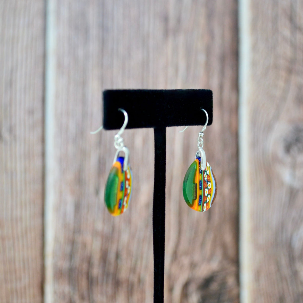 Murano Glass Millefiori Oval Dangle Earrings, Murrine Mosaic, Green - My Italian Decor