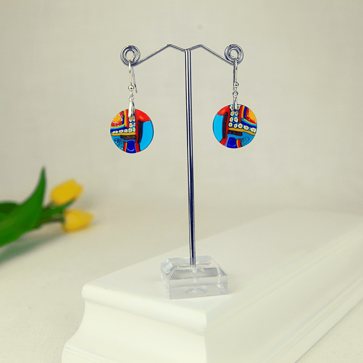 Nello Murano Glass Millefiori dangle drop earrings, Round Disc, Made in Italy at MyItalianDecor