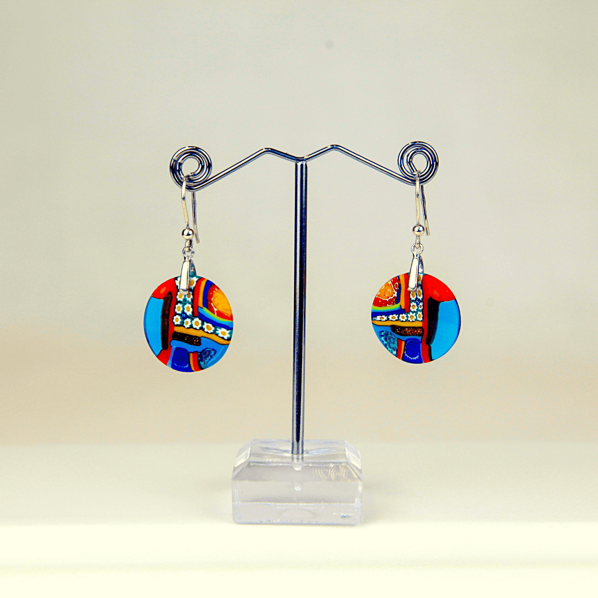 Nello Murano Glass Millefiori dangle drop earrings, Round Disc, Made in Italy at MyItalianDecor