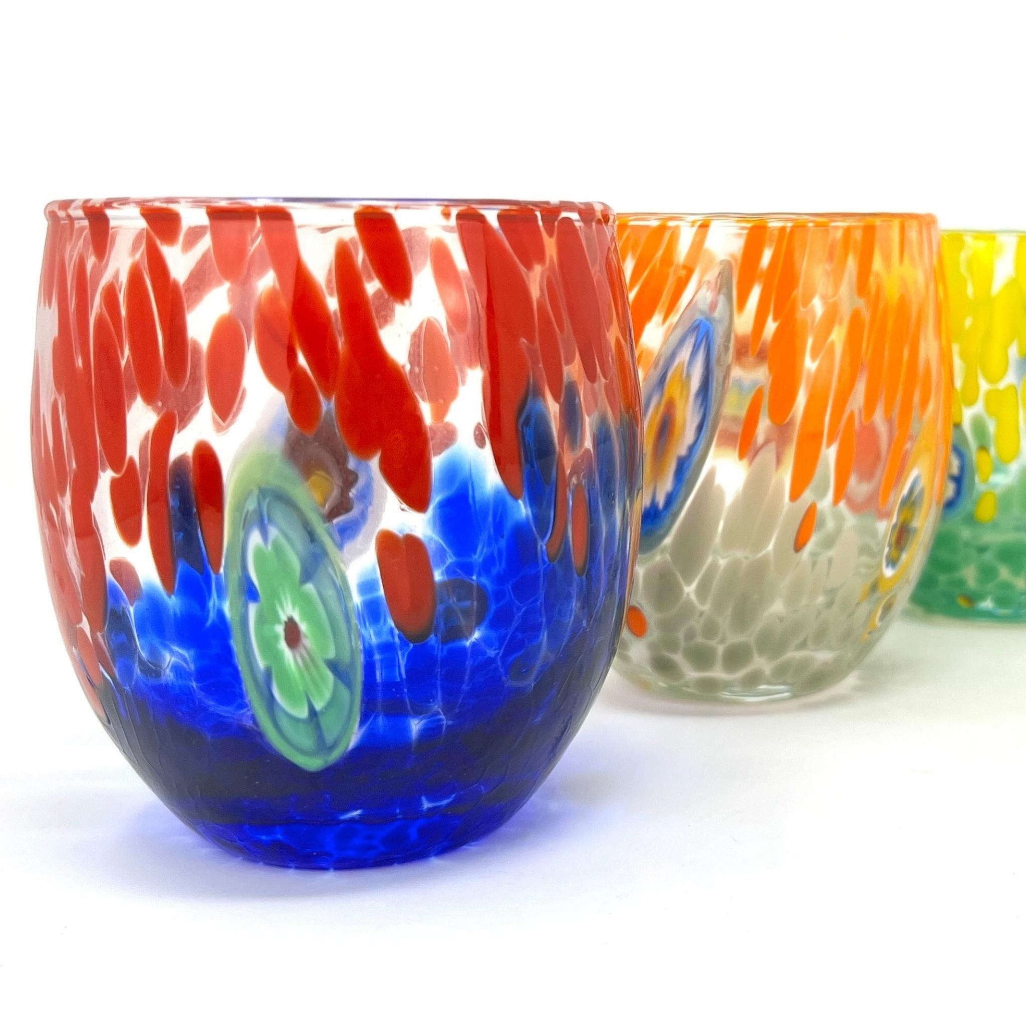 Hand Blown Art Glass Stemless Martini Glasses Set Of 4 Colorful *READ*