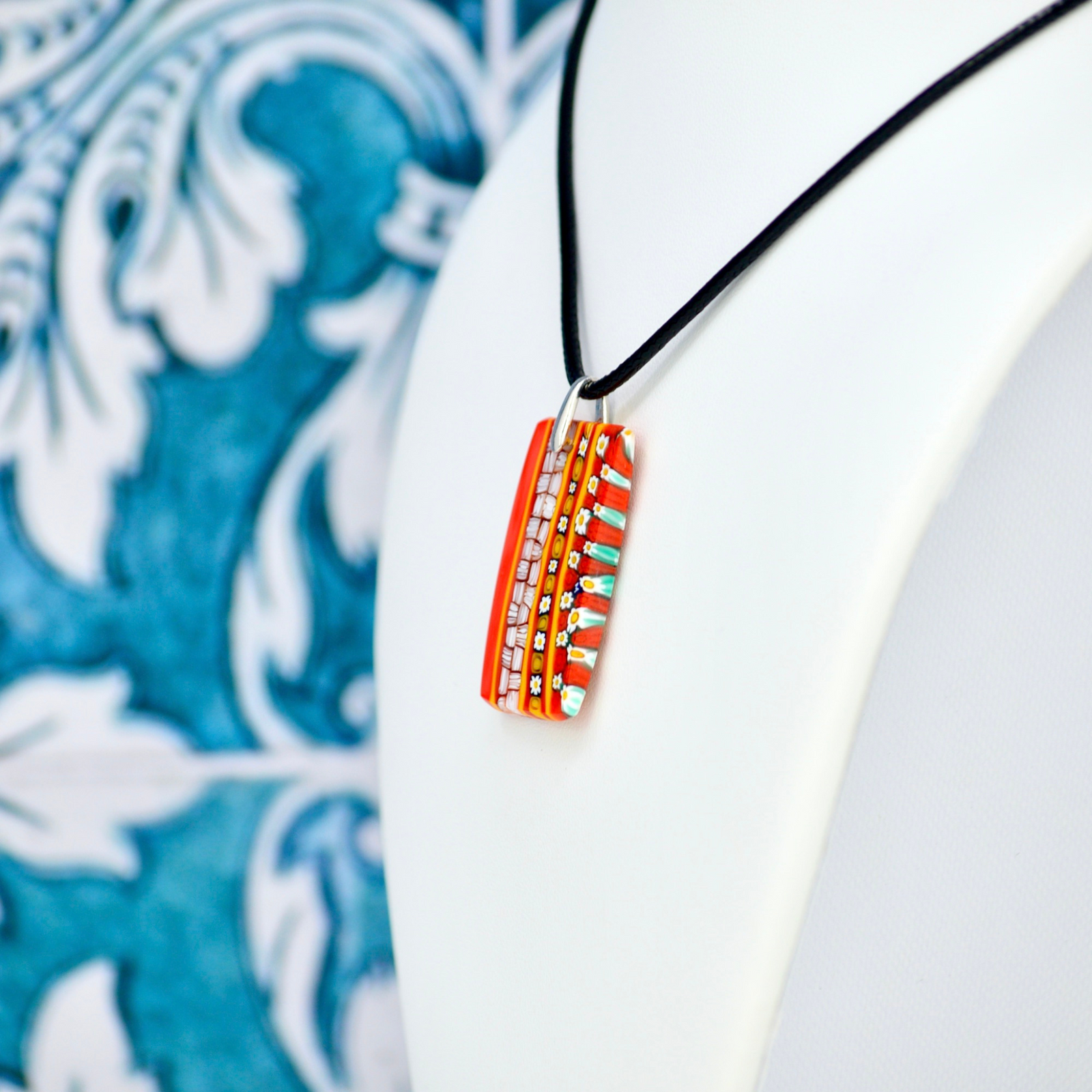 Murano glass Millefiori mosaic rectangle pendant in reds, handmade Italian charms and pendants by MyItalianDecor.