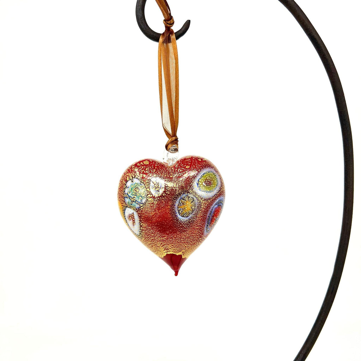 Millefiori Murano Glass Blown Heart Hanging Ornament, Large, Red, 24 karat gold foil finish at MyItalianDecor