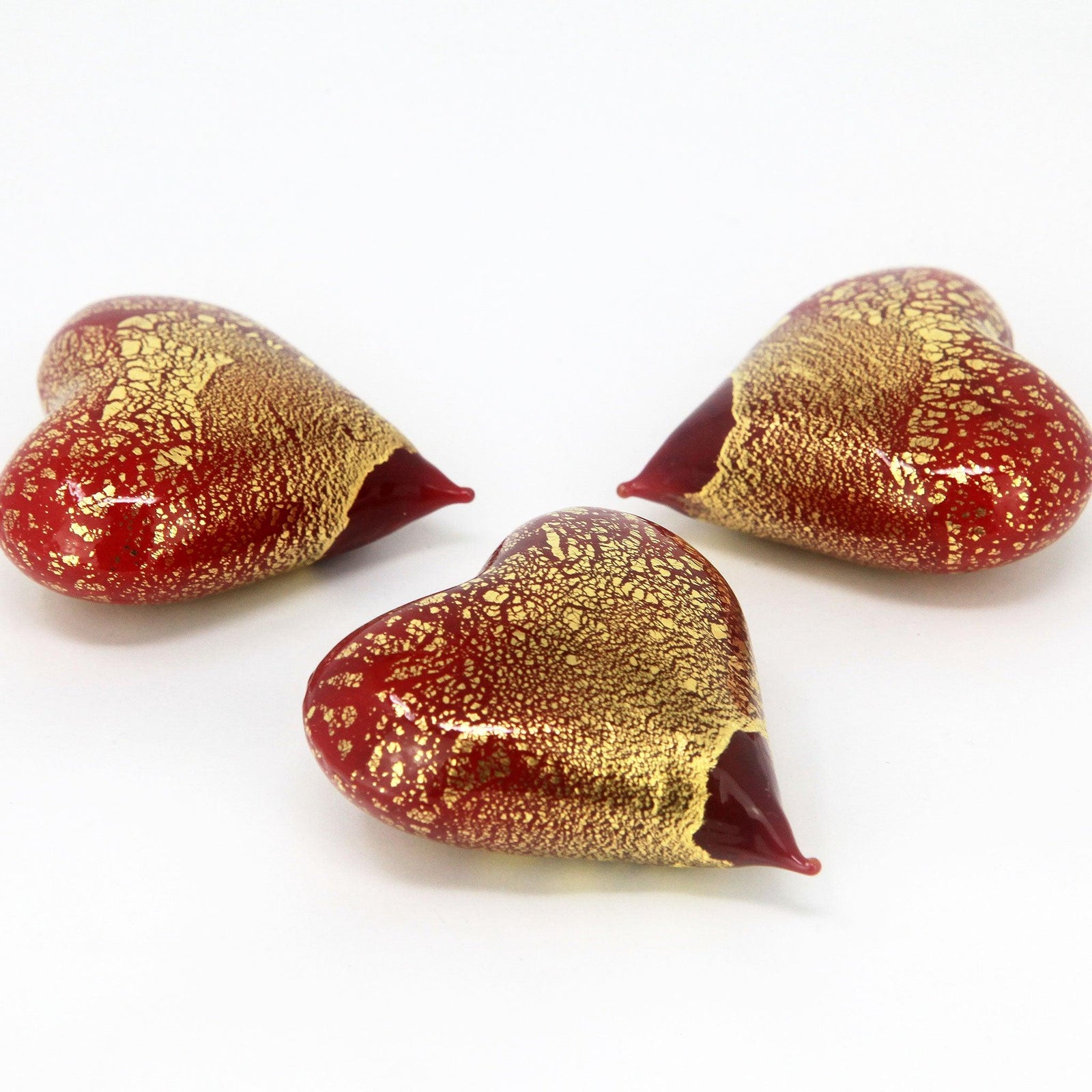 Set of three small Murano glass heart figurines in various colors, handcrafted in Italy by MyItalianDecor.