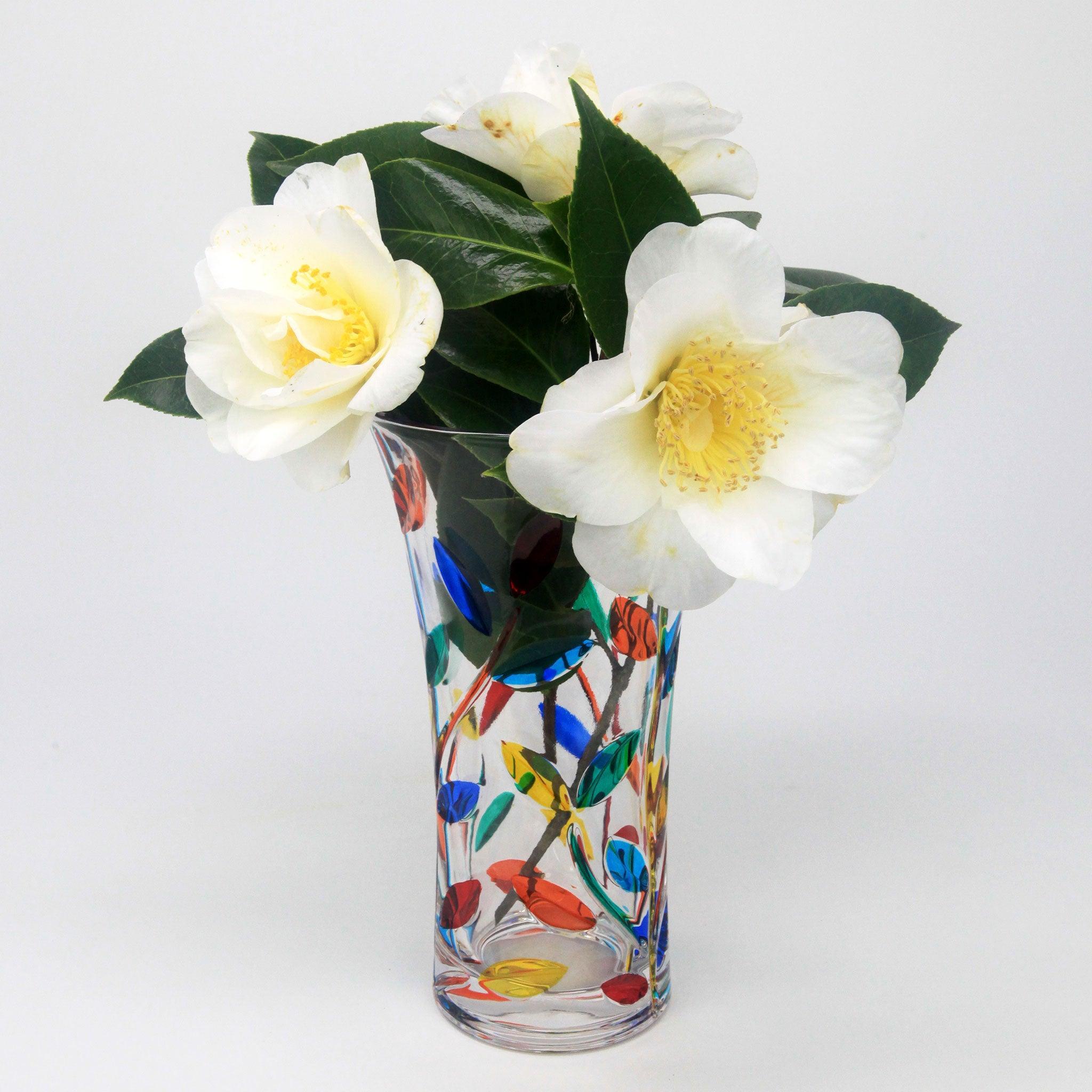 Small hand-painted Italian crystal Tree of Life vase by Flowervine, 8.5 inches tall, elegant decorative vase.