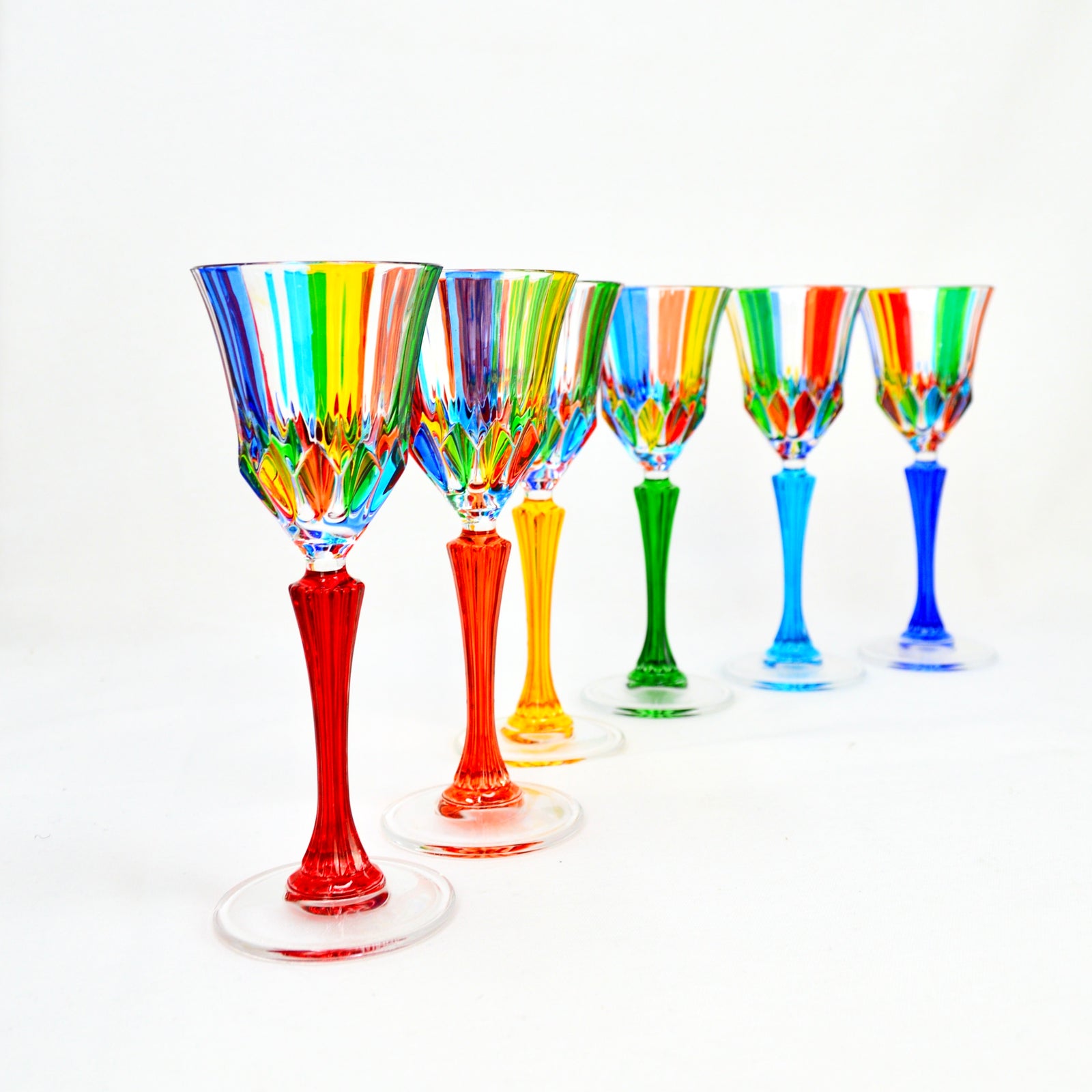 Hand-painted Italian crystal wine glass from DZ's Swatch Cordial collection, featuring delicate glassware with intricate design details.