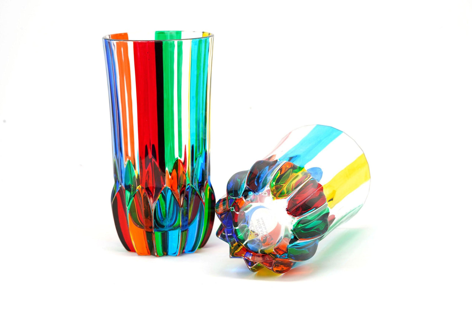 Set of two DZ Swatch tall drink glasses, hand-painted Italian crystal tumblers with intricate colorful designs.