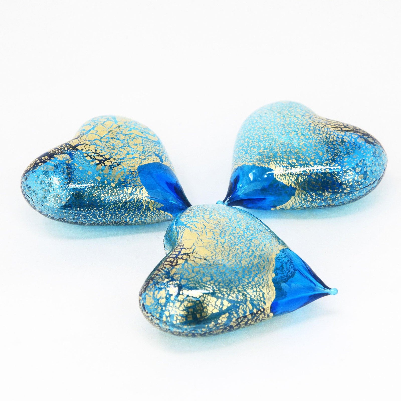 Set of three small Murano glass heart figurines in various colors, handcrafted in Italy by MyItalianDecor.