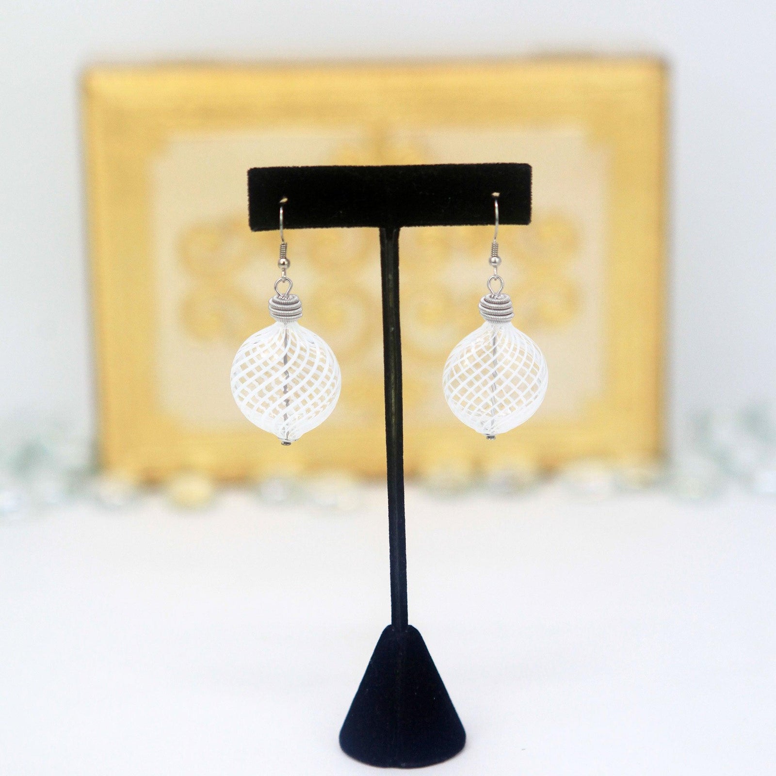 White Murano glass penny bead earrings with filigrana design in assorted colors, handmade Italian jewelry by MyItalianDecor